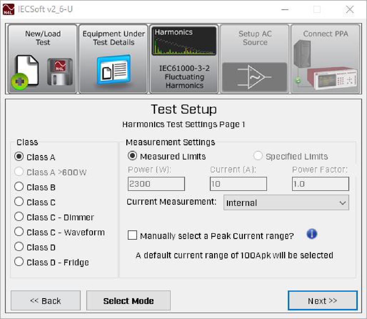 IECSoft screenshot showing class selection for the automated harmonics testing.