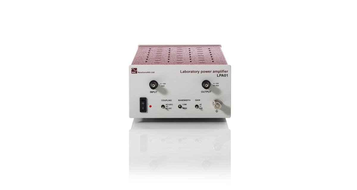 LPA01 Laboratory Power Amplifier showing selectable input coupling, bandwidth and gain. Along with the BNC touch proof input and output connectors.