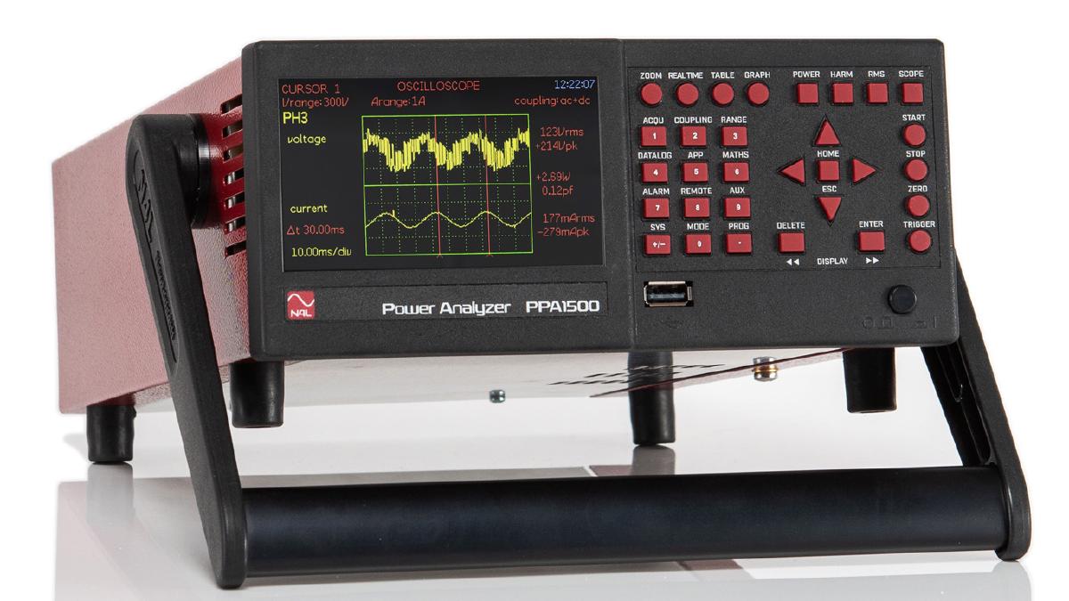 Newtons4th PPA1530 compact three phase power analyzer, showing the oscilloscope mode for visualising the current and voltage waveforms on the vibrant LCD display.