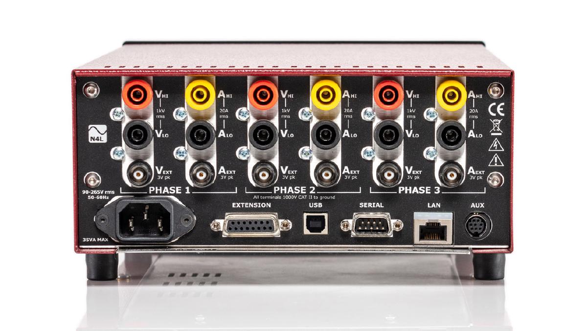 Rear panel of a Newtons4th PPA1500 power analyzer, displaying the both the direct voltage and current inputs with 4mm safetry connectors, and external inputs for external voltage and current sensors. Additional, showing the IO of the device which incldues: USB, RS232 and LAN.