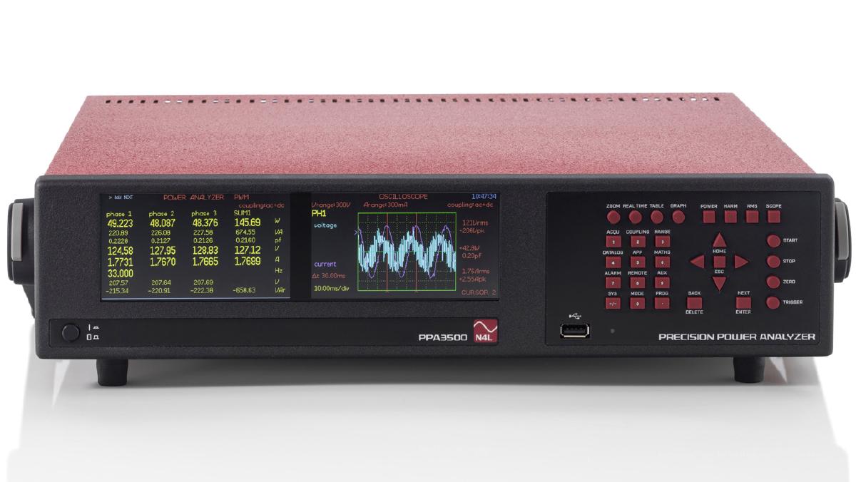 Six-phase PPA3560 power analyser showing realtime numerical display of power measuremnt and oscilloscope functionality for voltage and current on the dual display front panel.