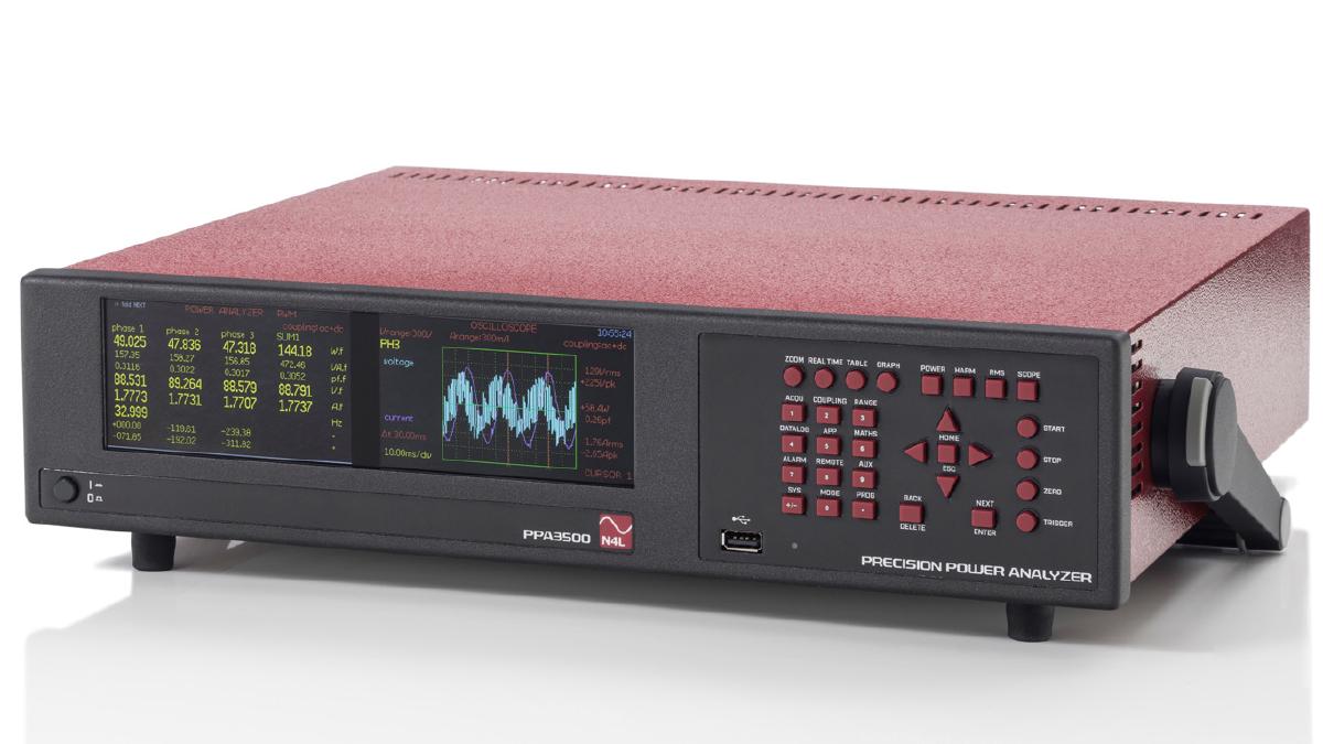 Angle photo of the PPA3560 six phase electrical power analyser showing the compact 2U form factor.