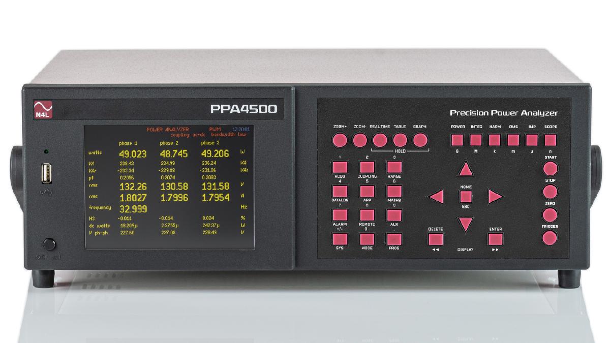 PPA4530 front panel with the colour LCD displaying realtime measruements that can be selected by the user.