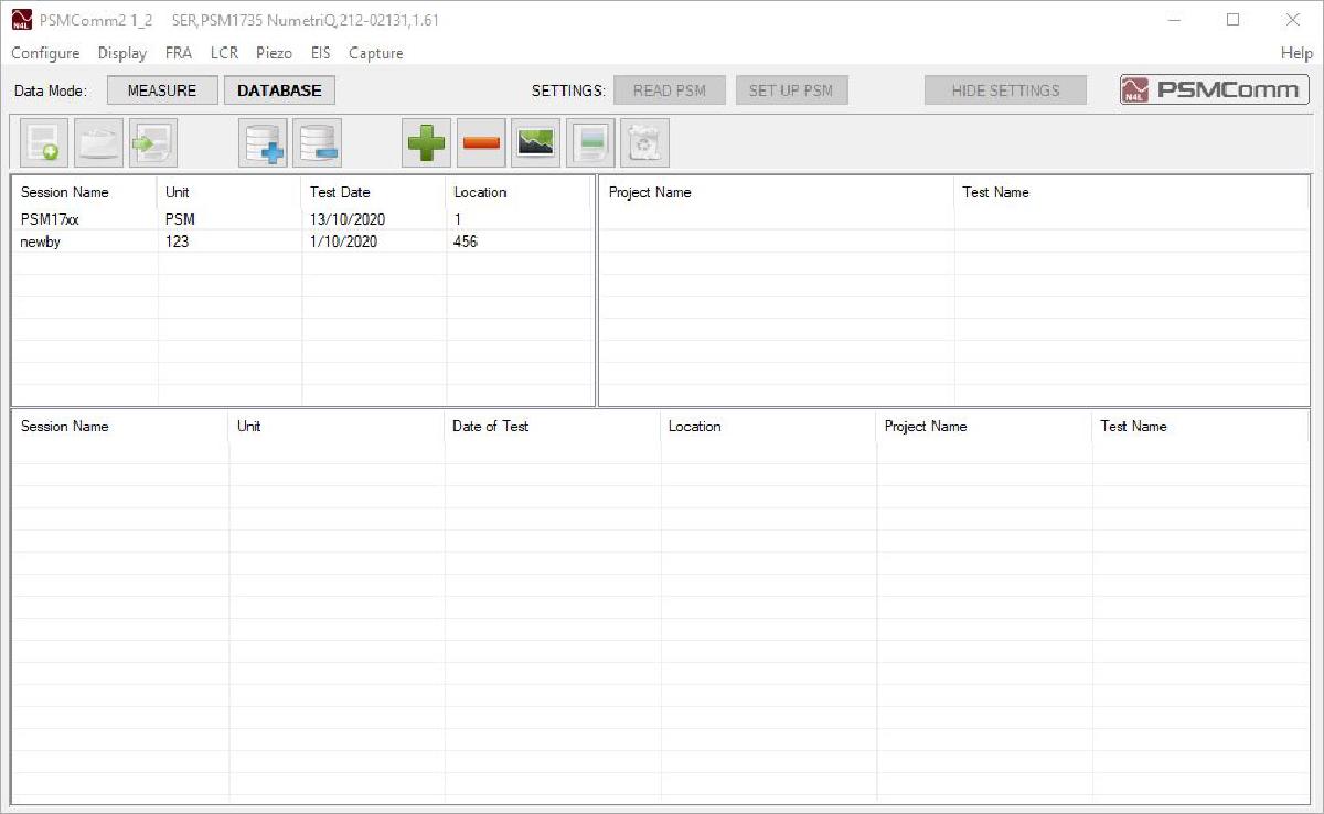 PSMComm2 screenshot showing the database functionality to log multi track, compare and analyze multiple test sweeps.