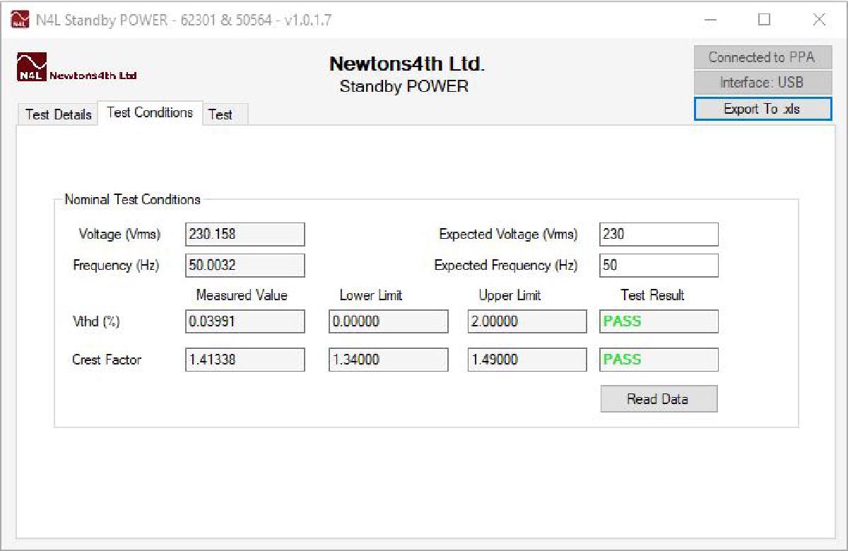 Screenshot of Newtons4th standby Power Software during a test. Displaying key measurement such as crest factor and harmonic distortion, along with a clear PASS/FAIL result.