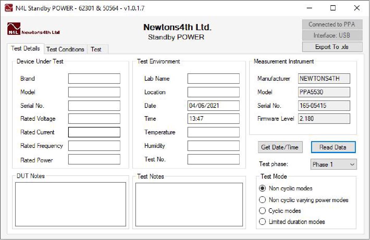 Screenshot of Newtons4th standby Power Software allow the recording of the DUT, test environment and measurement device.
