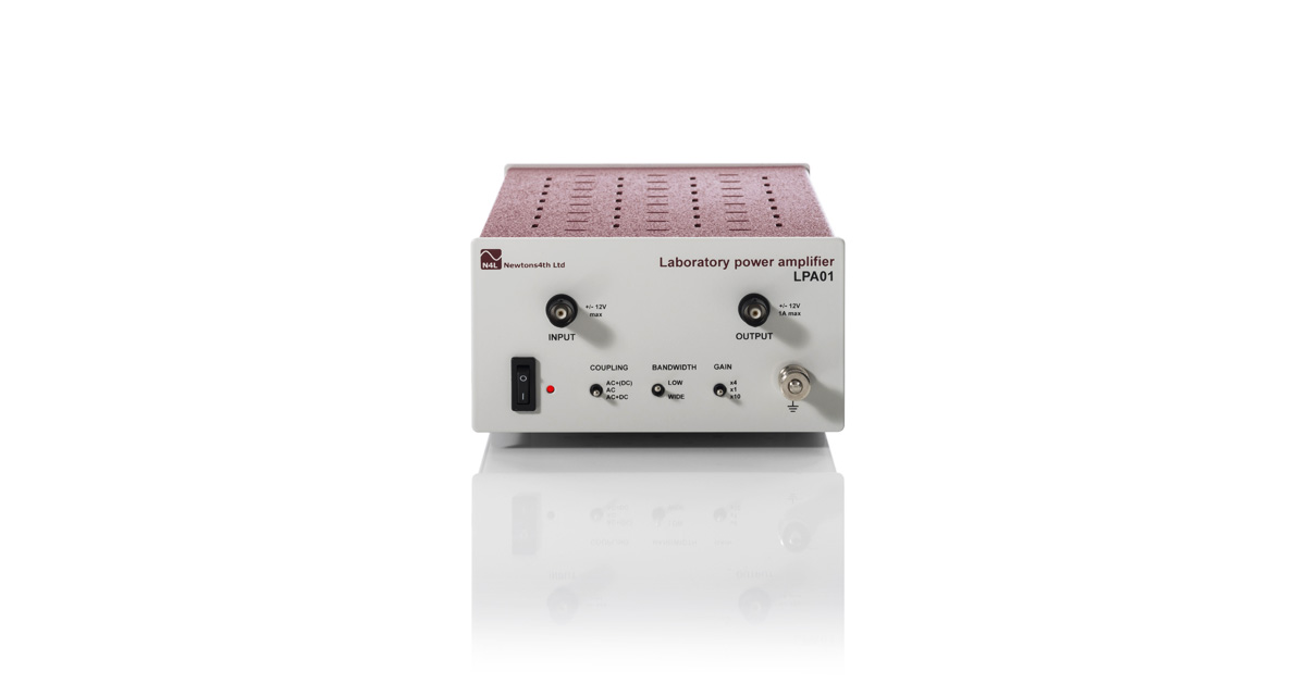 LPA01 Laboratory Power Amplifier showing selectable input coupling, bandwidth and gain. Along with the BNC touch proof input and output connectors.