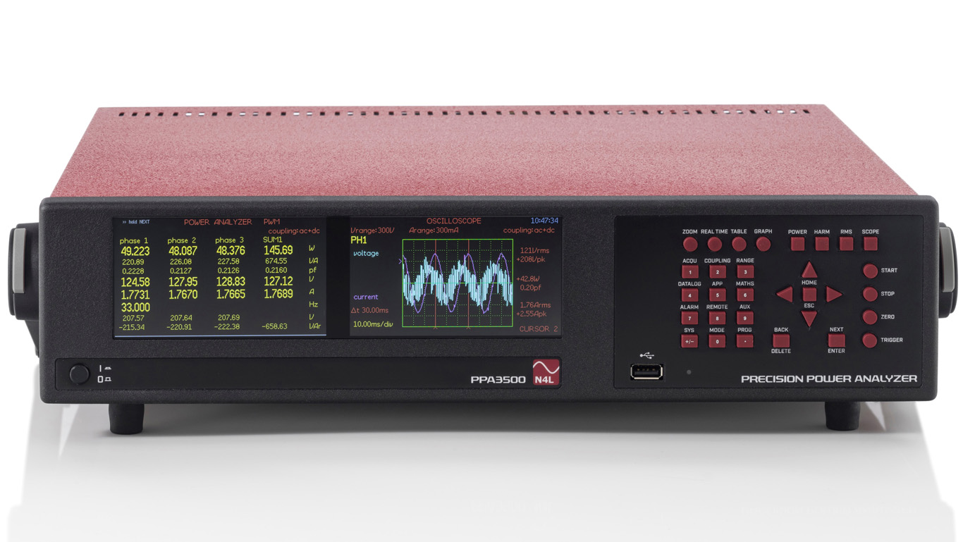 Six-phase PPA3560 power analyser showing realtime numerical display of power measuremnt and oscilloscope functionality for voltage and current on the dual display front panel.